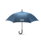 Open umbrella in blue with example branding on one panel