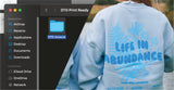 computer file and image of model wearing blue hoodie with print on back