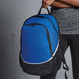 Blue backpack being held