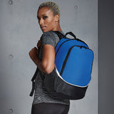 Blue backpack on person's shoulder